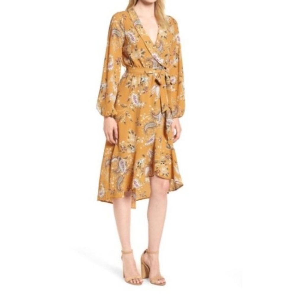 Bobeau Wrap Dress Mustard Floral Boho Cottagecore Vintage Revival